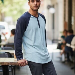 Lucky Brand Light Blue Body Navy Raglan Henley Long Sleeve